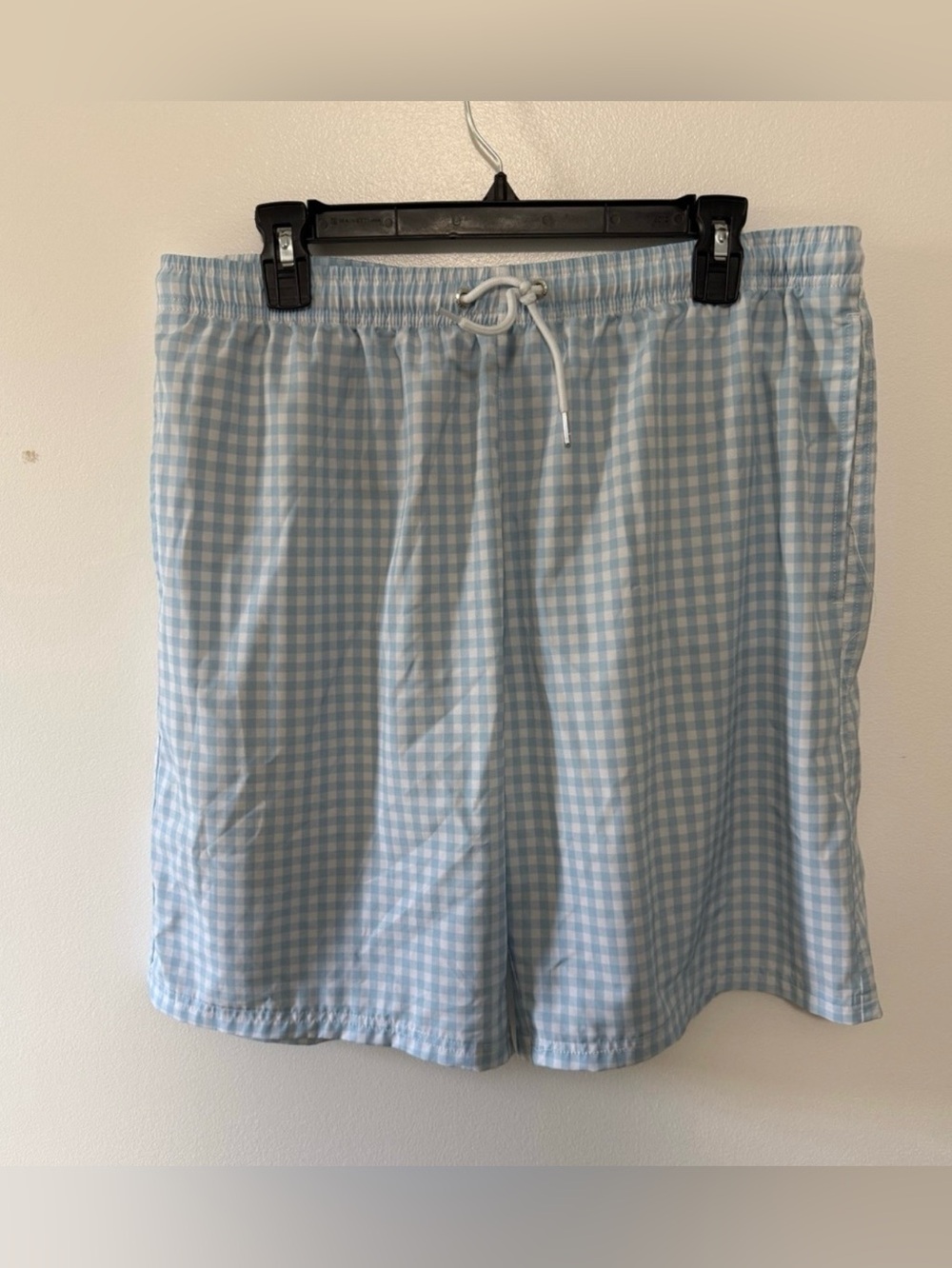 Gingham Light Blue Men's Swim Trunks with Drawstring